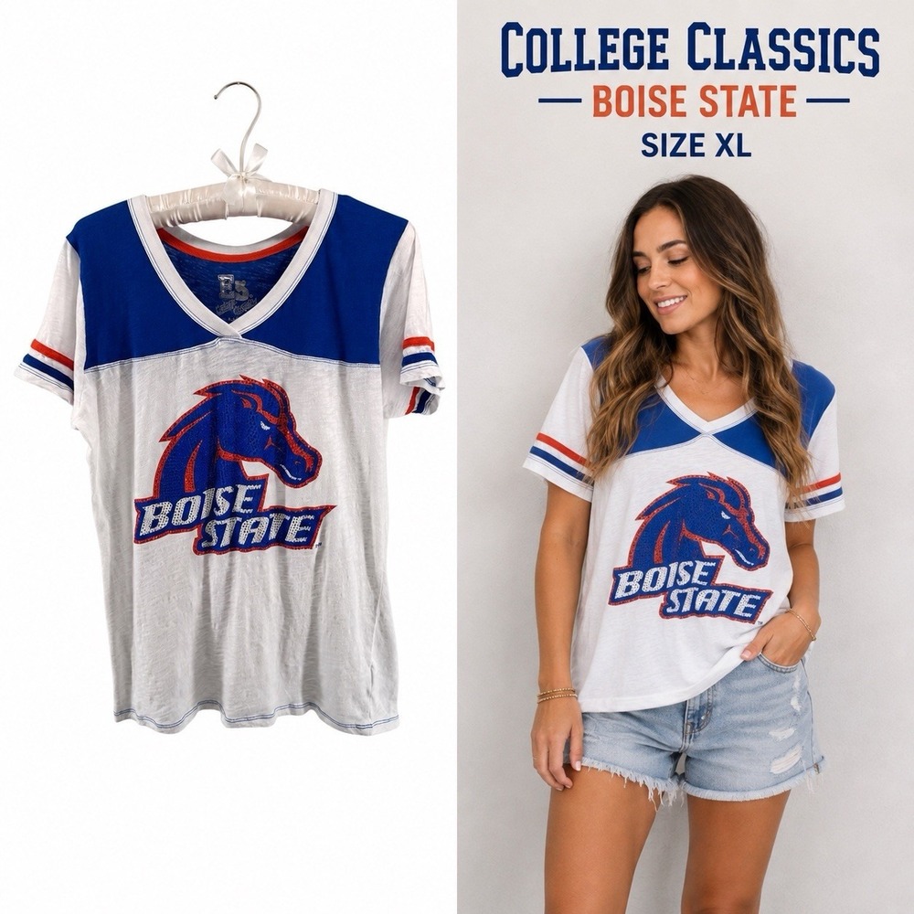 College Classics Boise State Broncos XL V-Neck Graphic Ringer T-Shirt Rhinestone